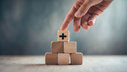 Obraz premium Positive aspects; added value, benefits, additional, personal development, growth mindset, positive thinking, opportunities, emerging market. Arranging the cubes with a symbol to represent positive...