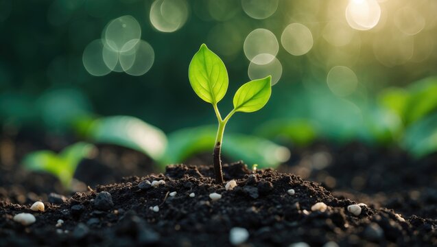 The sapling is emerging from nutrient-rich soil, showcasing the evolution of plant growth and the gentle sunlight in the morning. The concept of ecology and agriculture.