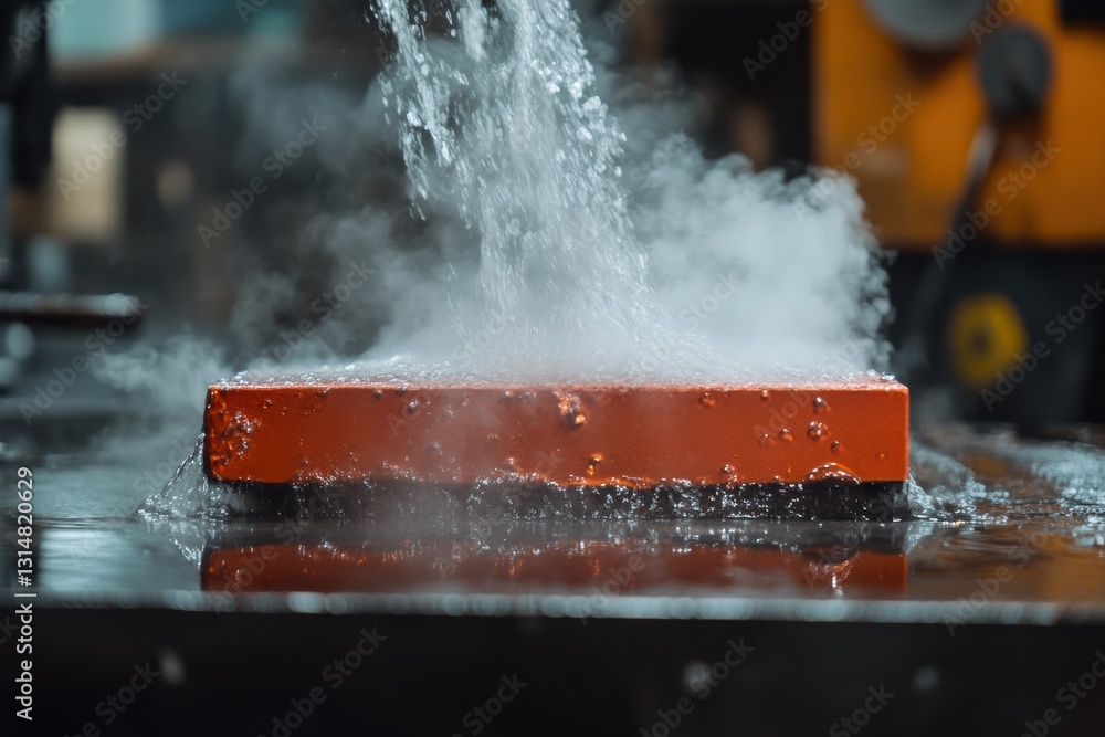 Poster red hot metal billets submerged in water for tempering, creating dramatic steam clouds in an energet