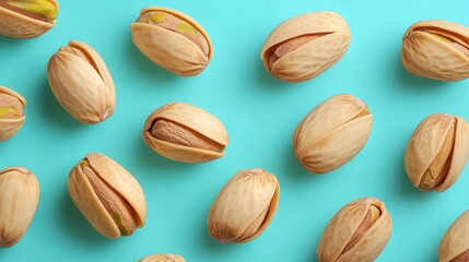 Pistachios arranged on turquoise background