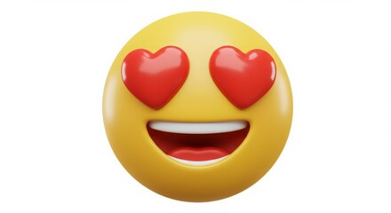 Happy yellow emoticon with hearts for eyes.  Smiling, joyful expression.