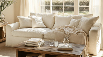 Sunlit living room with neutral sofa, linen throw, wooden coffee table, water and books, soft morning light creating calm and cozy vibe.