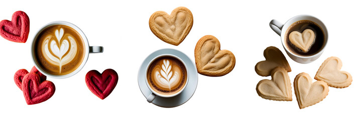 Fototapeta premium Set of cup of coffee with heart shaped cookies isolated on a transparent background