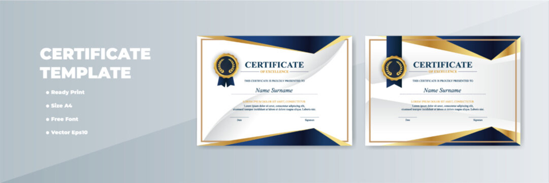 Elegant A4 certificate template design with gold, blue accents; ready print