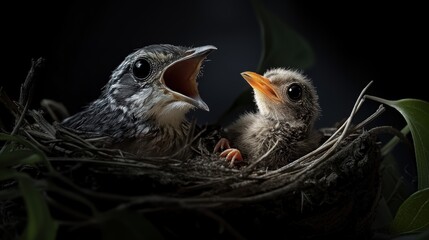 Bird in nest on tree in Spring.