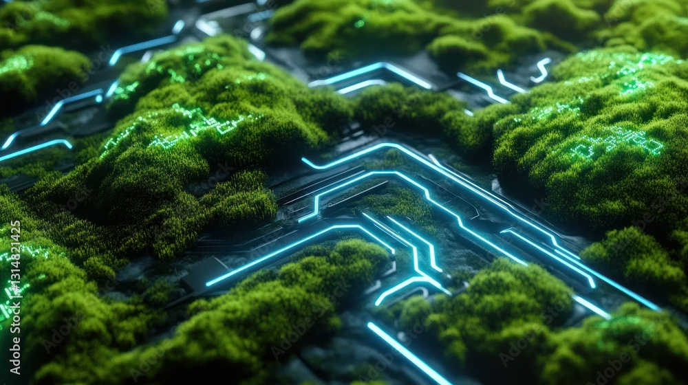 Poster a green moss texture with neon-lit circuit lines running across it creates a balance of nature and t