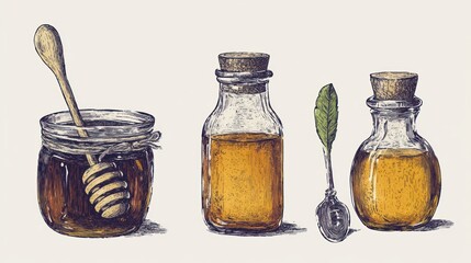 Honey and Herbal Extracts: A Hand-Drawn Illustration of Honey Jars and Herbal Remedies