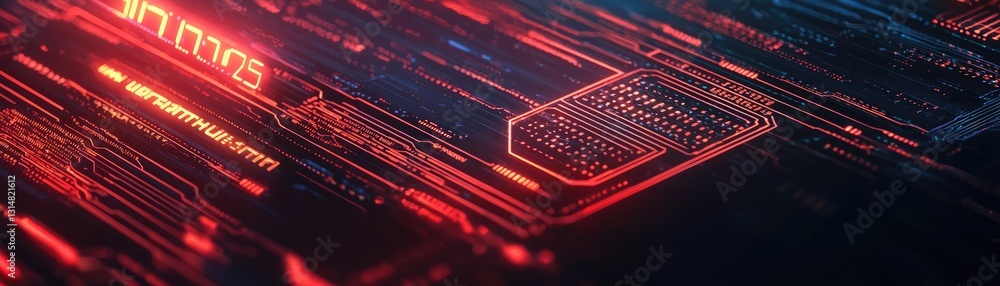 Aufkleber red digital circuit board; data streams flow; background blur; tech illustration