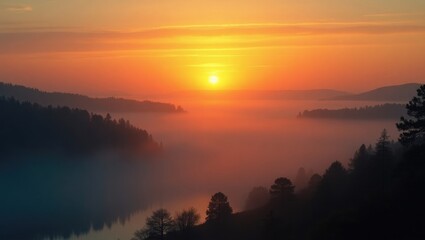 Obraz premium Astonishing Sunrise Above Misty Landscape. Beautiful View Of Foggy Morning Sky With Rising Sun Over Misty Forest And River. Early Summer Nature.