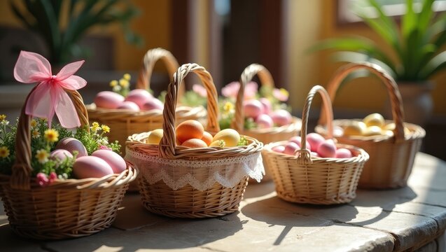 Decorated Traditional Easter Baskets Readied for Blessing During Church Service
