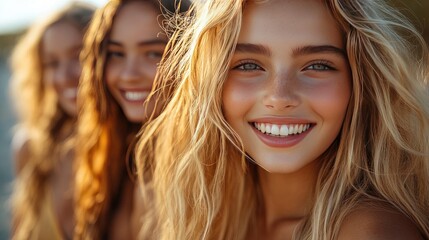 Fototapeta premium A diverse group of six individuals poses in a line, smiling and showcasing adhesive bandages on their upper arms.