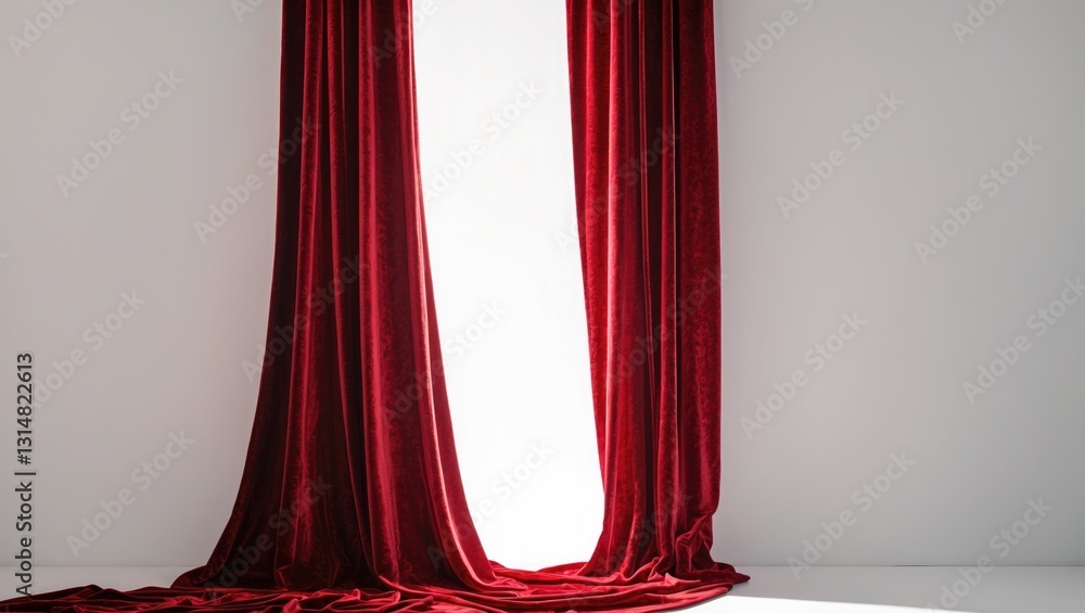Poster a long red curtain is draped in front of a white background. the curtain is red and is the only visi