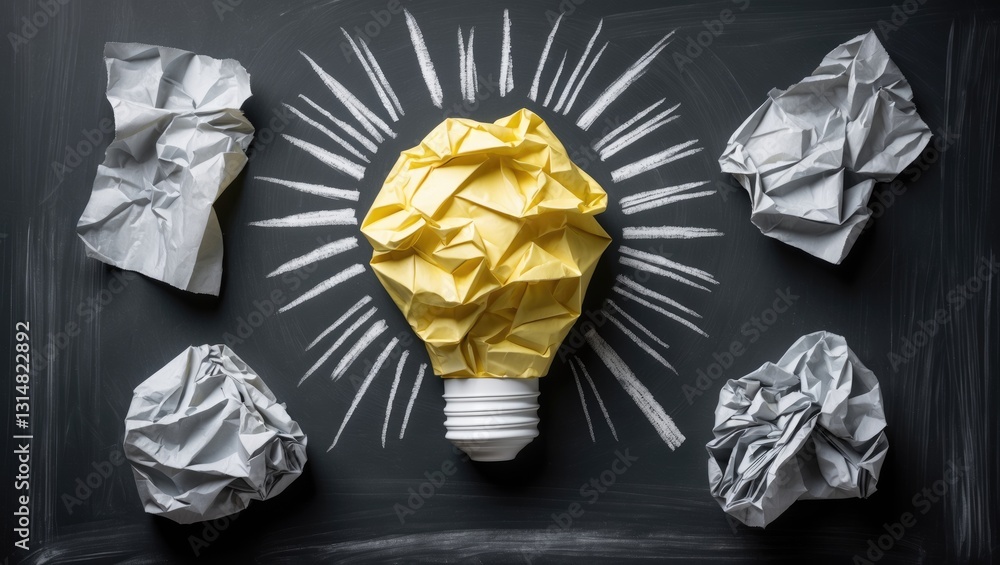 Poster crumpled paper representing various solutions with one marked as a light bulb as the correct choice.
