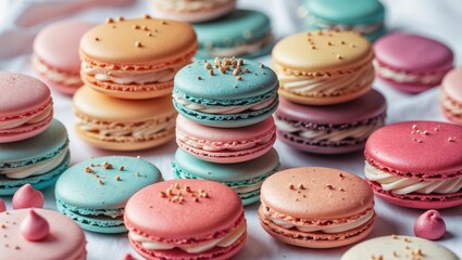 Fototapeta premium Colorful macarons arranged on a white background.