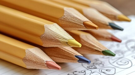 Close-up of colored pencils on notepad with drawings