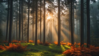 Obraz premium Sunrise in a foggy coniferous forest.