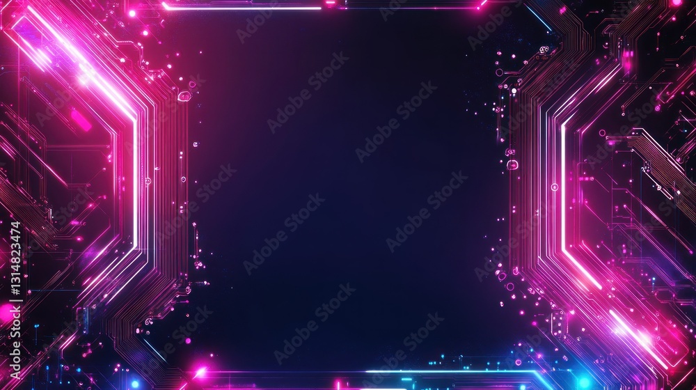 Poster white card with intricate neon glowing circuit pattern, wide area in the middle for mockup backgroun