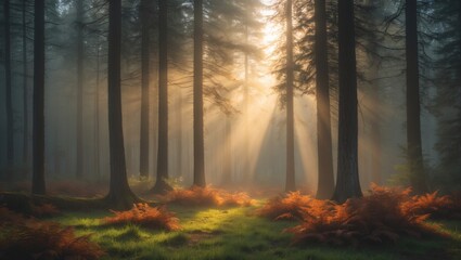 Obraz premium Sunrise in a foggy coniferous forest.