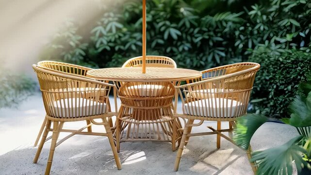Rattan furniture nestled under white parasol amid verdant garden foliage, presenting tranquil tropical outdoor seating with relaxing contemporary design elements