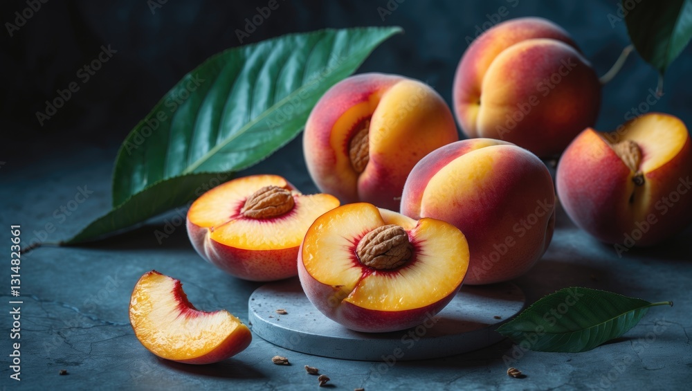 Aufkleber sliced nectarines and peaches with a leaf in the background are displayed.