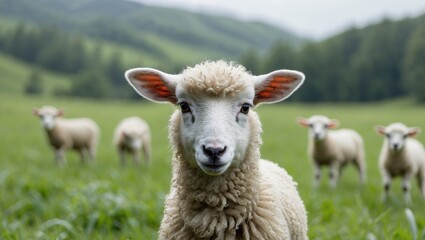 Naklejka premium Adorable lamb or sheep in a lush green meadow.