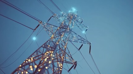 High-voltage power lines at twilight