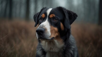 Portrait of a dog, specifically a Bernese or Berner Sennen herd dog.