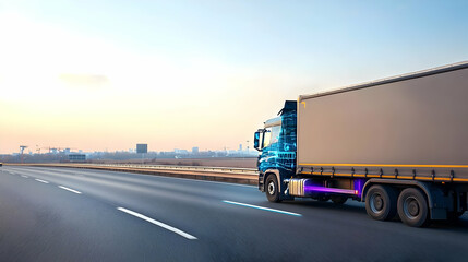 A Modern Grey And Blue Semi-Truck Transports Cargo On A Highway Towards A City During Sunset