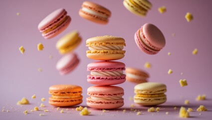 Obraz premium Different varieties of macaroons in motion descending against a background. Colorful and sweet macaroons flying or falling in motion.