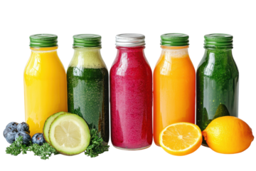 Fresh cold-pressed juice in a glass bottle isolated on transparent background