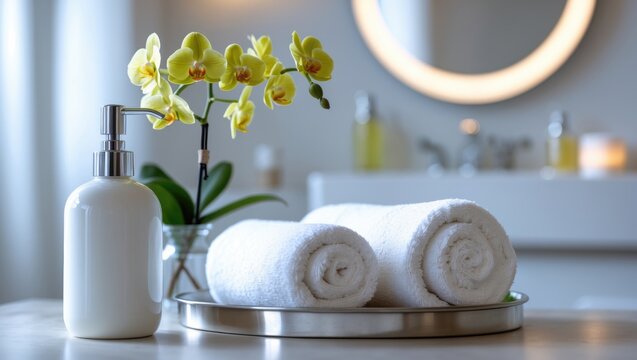 Soap dispenser and towel placed on a table with available space in a blurred bathroom.