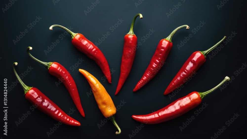 Poster studio image of a cluster of red chilli peppers placed on a black background.
