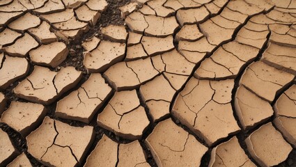 Closeup of dry cracked soil before rain.