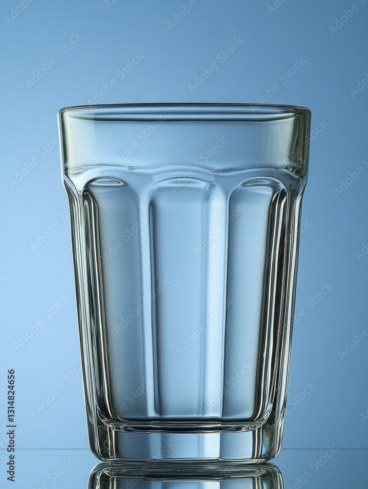 Poster minimalist clear glass cup against soft blue background creating serene and refreshing visual with s