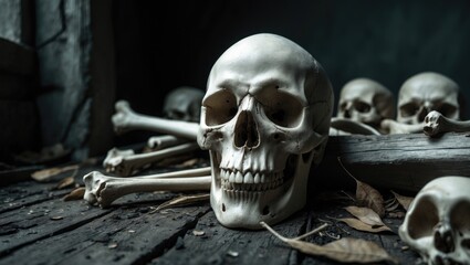 Skulls and bones arranged on decaying timber and a dark floor in an old room with dim light and a dark background.