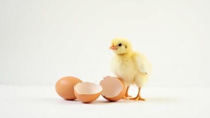 Adorable chick alongside eggs