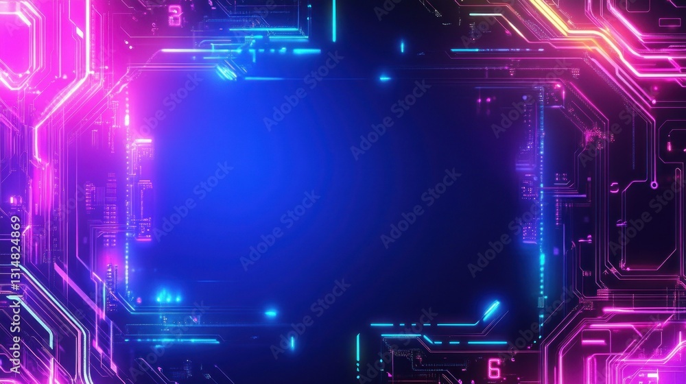 Poster white card with intricate neon glowing circuit pattern, wide area in the middle for mockup backgroun