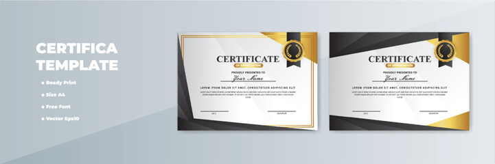 Elegant A4 certificate templates; gold, black design; ready print