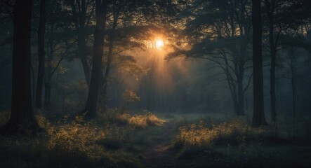 Obraz premium Dark woodland landscape with sunlight filtering through the forest.