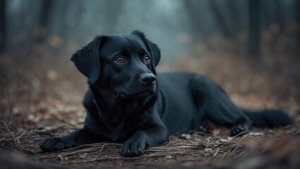 cute black dog is resting peacefully