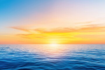 Obraz premium Gradient summer sky fading from fiery orange to deep blue, stretching over a calm sea with a distant horizon, vibrant in a sunset scene