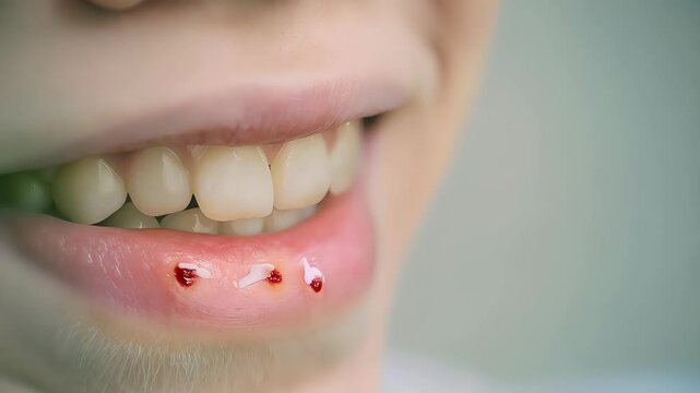 Herpes simplex virus type 1 infection, causing painful blisters on the lips, being treated with antiviral medication