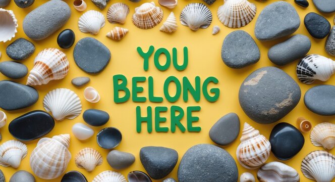 Diversity, inclusion, and belonging representation. The phrase 'You belong here' set against a lovely backdrop. Collection of sea stones and seashells.