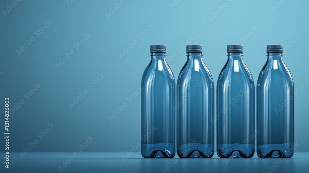 Poster minimalist blue bottles in a row against a matching backdrop conveying freshness and purity in a mod