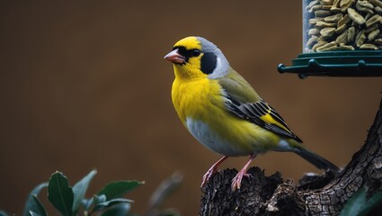 Naklejka premium Greenfinch, a small bird with a bright yellow body. Songbird sitting on a tree root. Background featuring a brown tone. Winter garden bird feeding from a feeder. Fauna.
