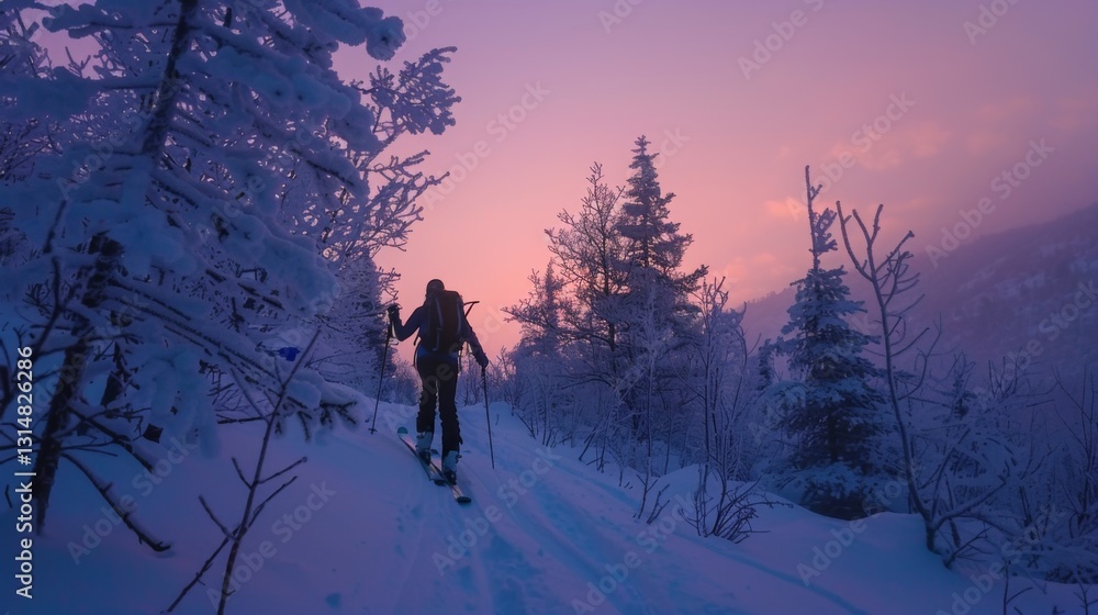 Poster a skier moves gracefully along a snow covered path in a tranquil forest, surrounded by tall trees an