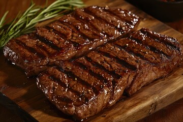 Grilled steak on a board, with grill marks and a patio view, juicy in a hearty cookout scene