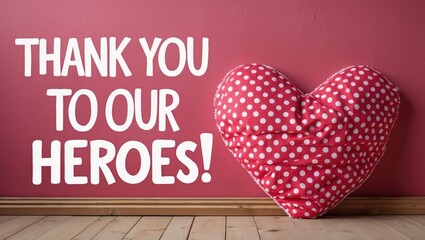 Message of gratitude to our heroes displayed alongside a cushion on a wooden wall.