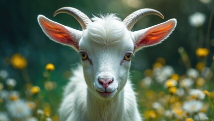Obraz premium Cute young white goat gazing directly at the camera.