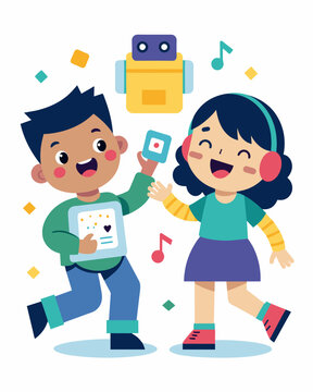 Two children giggling as they use coding cards to program a toy robot to dance and sing in a playful coding class.. Vector illustration